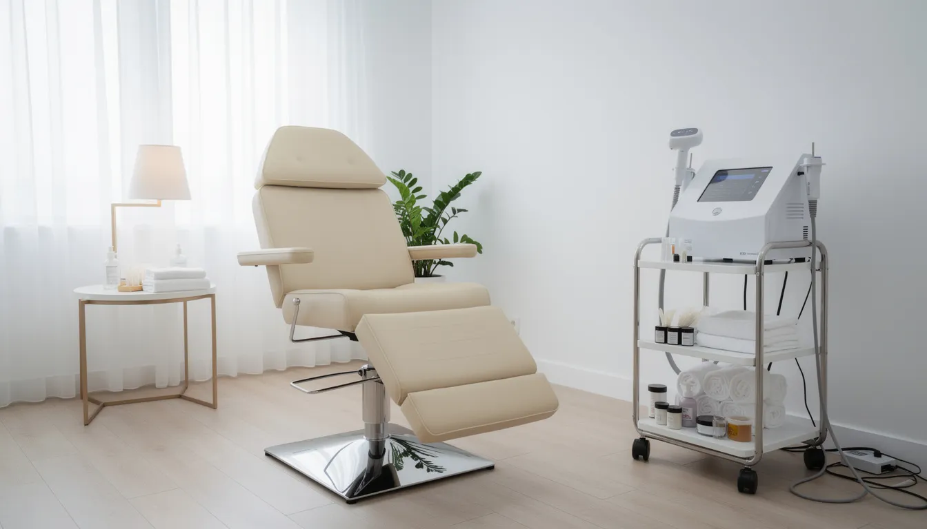 Wnętrze nowoczesnego salonu kosmetycznego, w którym znajduje się wygodny fotel oraz profesjonalny sprzęt do depilacji, idealny do zabiegów takich jak depilacja woskiem czy depilacja laserowa. Atmosfera sprzyja relaksowi, a doświadczone specjalistki zapewniają indywidualne podejście do każdego klienta.