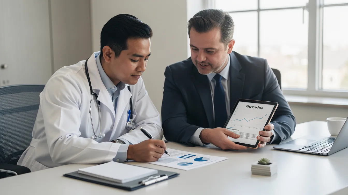 A doctor and a financial advisor are collaborating at a desk, reviewing documents related to the operational costs and financial feasibility of an eye hospital project in India. Their discussion likely involves key factors such as patient care, surgical services, and the necessary medical equipment for efficient operations.