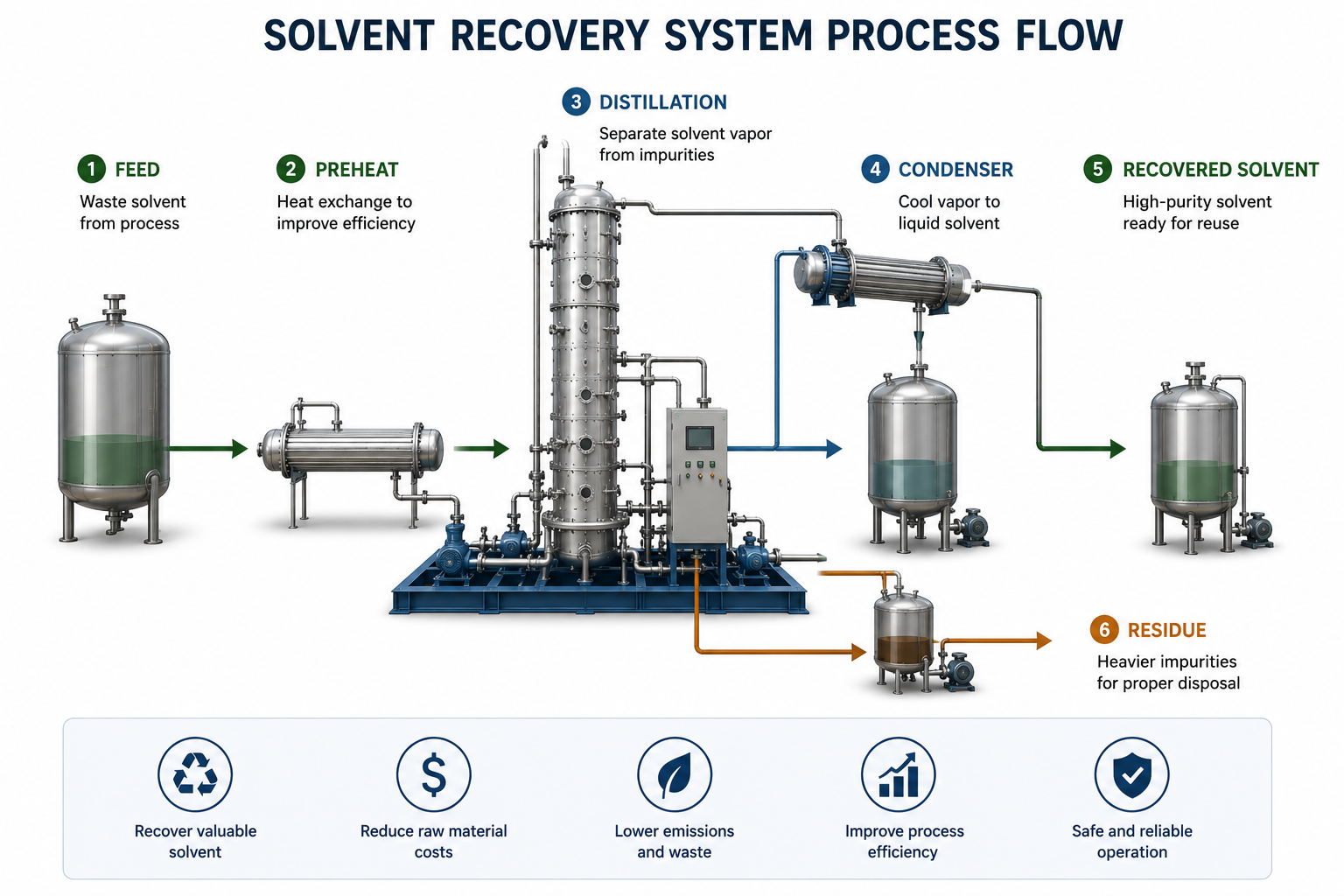 solvent recovery process flow from contaminated solvent to distillation condensation and reuse