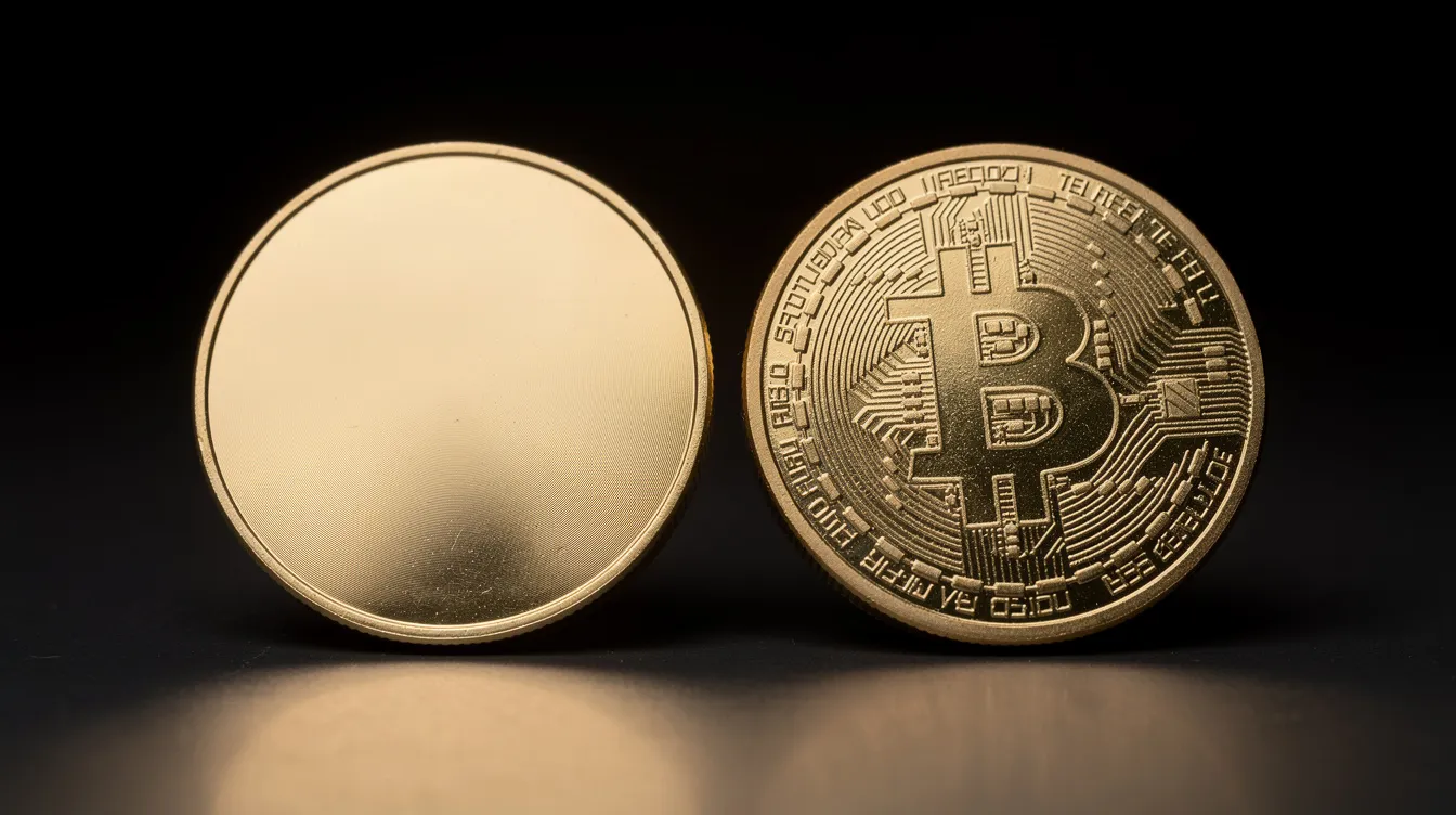 Das Bild zeigt zwei goldene Münzen auf einem dunklen Hintergrund. Die eine Münze ist schlicht und glänzend, während die andere mit komplexen Schaltkreis-Mustern verziert ist, was auf die Technologie hinter Kryptowährungen wie Ethereum und deren Anwendungen in der Blockchain hinweist.