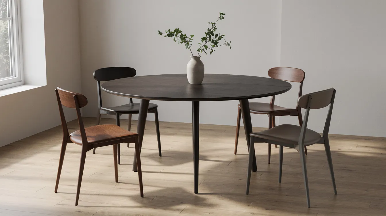 Ett runt matbord i mörkt trä med en diameter på 120 cm, omgiven av fyra olika stolar i matchande färgtoner. Bordet skapar en elegant känsla i rummet och får plats för fyra personer, vilket gör det perfekt för gemenskap och måltider hemma.