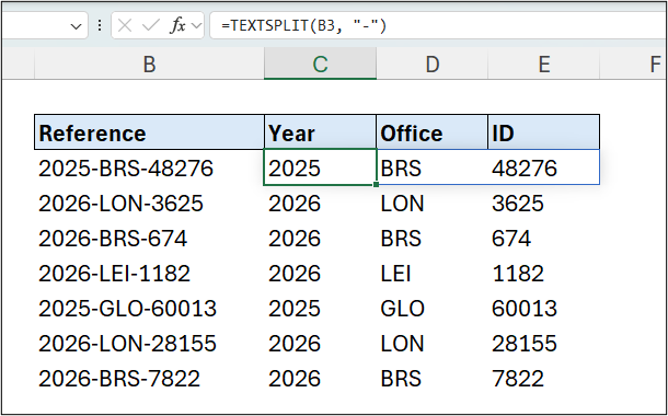 Simple TEXTSPLIT example splitting text across multiple columns