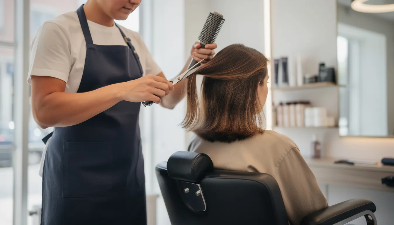 A talented stylist is carefully working on a client's hair using professional scissors and a round brush, showcasing the artistry and precision that defines exceptional service at a top-rated hair salon. The welcoming energy of the salon in Denver creates a comfortable atmosphere for clients to achieve their desired look.