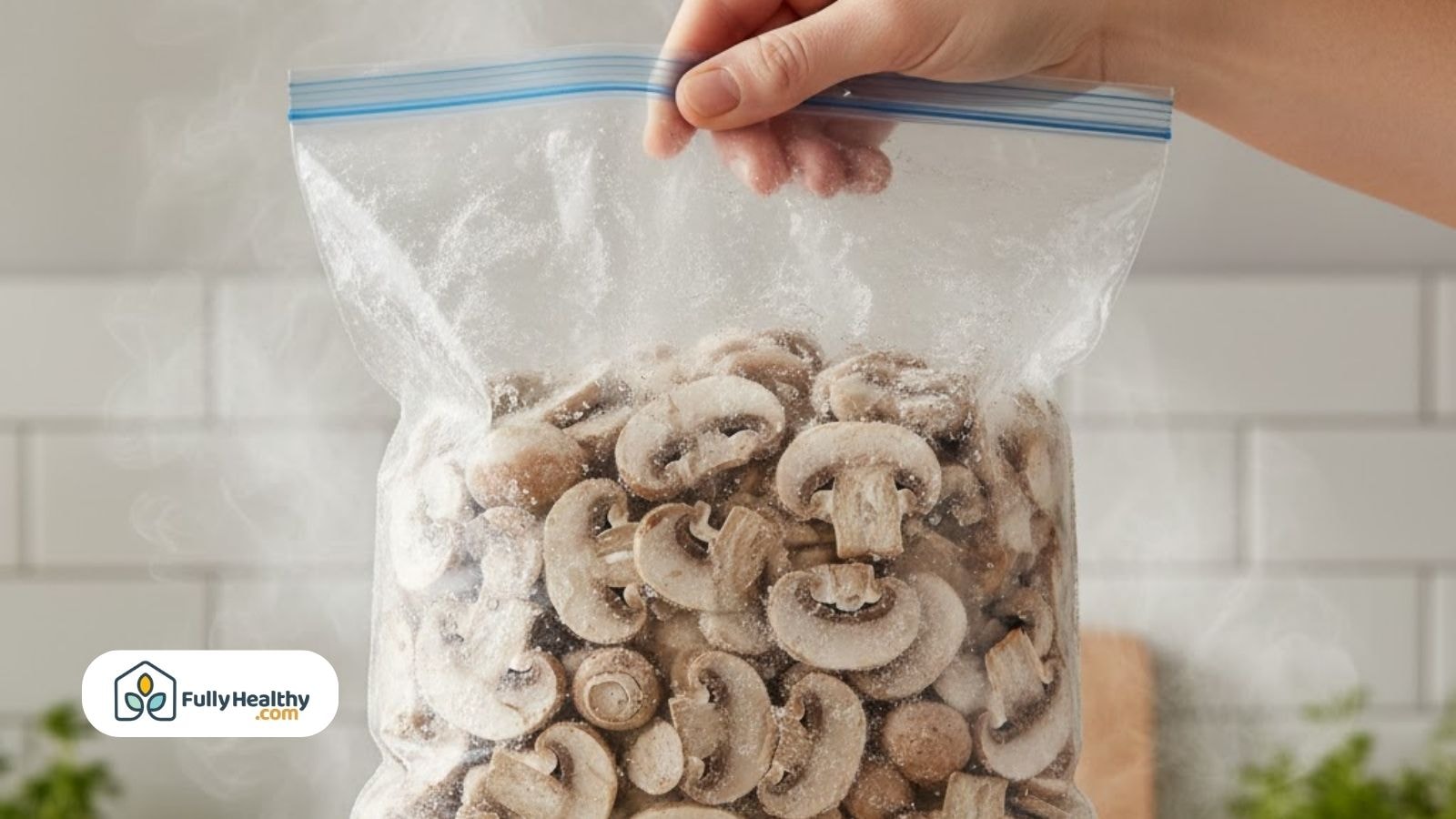 Frozen sliced mushrooms sealed in a freezer bag.