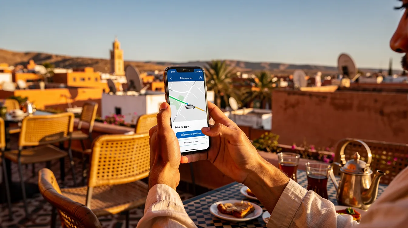 Une personne est assise en terrasse, utilisant un smartphone pour réserver une voiture de luxe, avec une vue imprenable sur une ville marocaine. L'application mobile facilite la location de véhicules haut de gamme, tels que des modèles comme Mercedes-Benz ou Audi, pour une expérience de confort et d'élégance lors de son séjour.