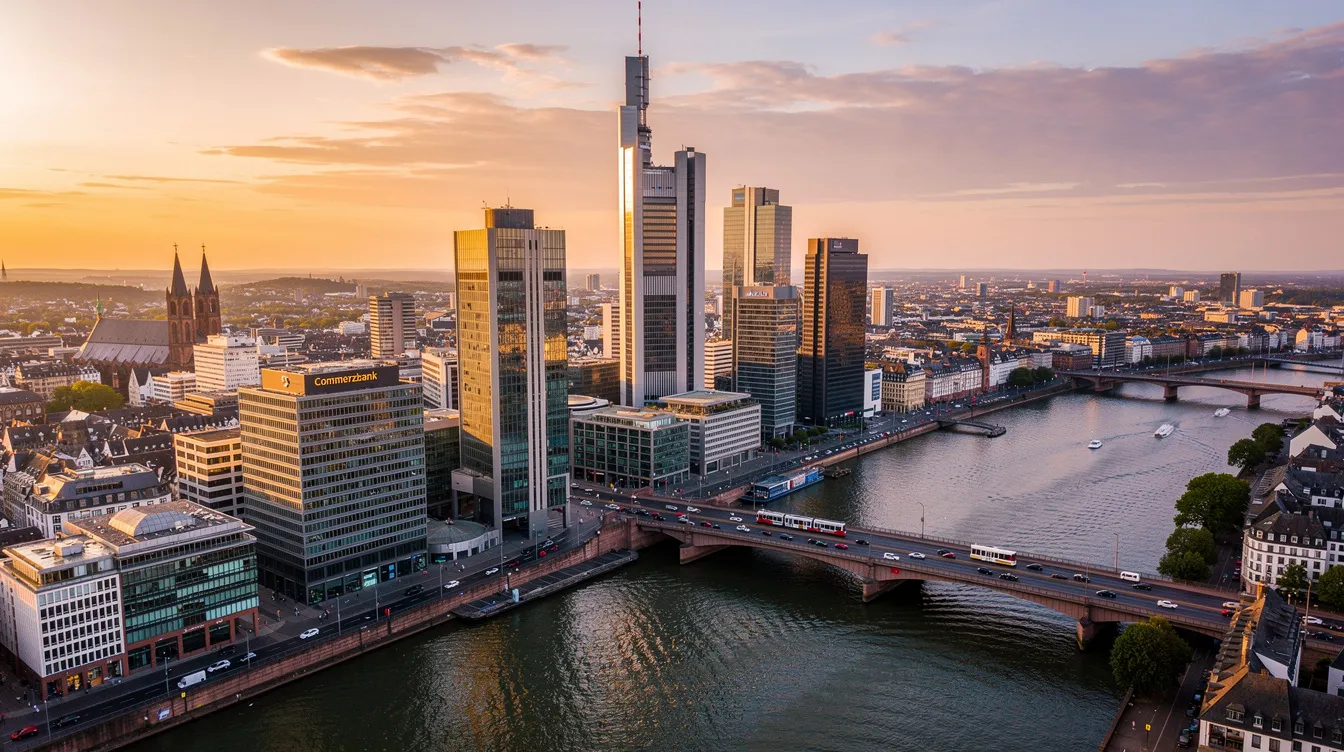 The image captures an aerial view of Frankfurt's skyline at sunset, showcasing the city's towering skyscrapers alongside the winding Main river, bathed in warm hues of orange and pink. This vibrant urban landscape reflects the dynamic business environment of Germany, where reliable VPS hosting and dedicated servers support various industries.