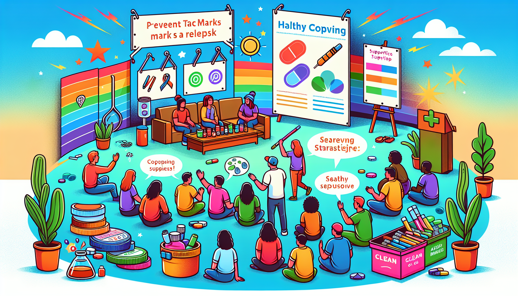 A cartoon illustrating methods to prevent track marks and relapse in drug users.