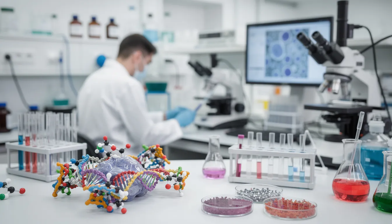 The image depicts a laboratory environment filled with various scientific equipment and molecular models, highlighting research focused on cellular health, metabolic function, and the potential health benefits of compounds like NMN and resveratrol. This setting emphasizes the importance of studying cellular energy production and its impact on overall health and healthy aging.