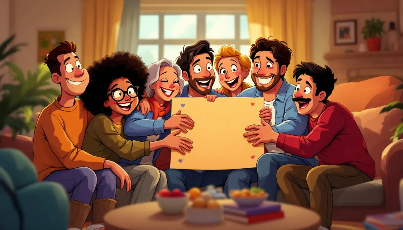 A group of friends gathered together, sharing a heartfelt group greeting card.