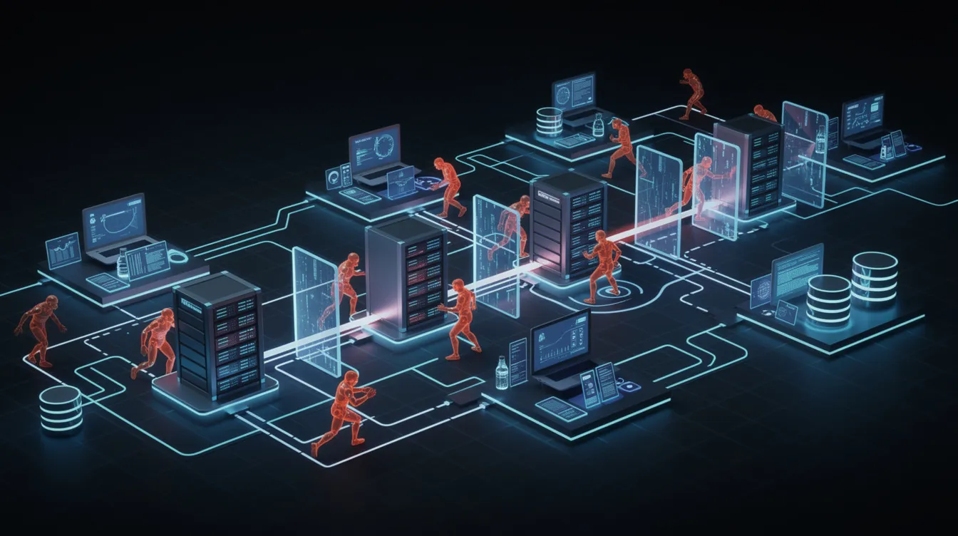 The illustration depicts attackers navigating through a network of connected systems, exploiting multiple vulnerabilities to gain unauthorized access to various devices and databases. The dark cyber grid background with blue neon lighting highlights the presence of network segmentation barriers that partially obstruct their movement, emphasizing the ongoing risk of data theft and system compromise in the face of cyber attacks.