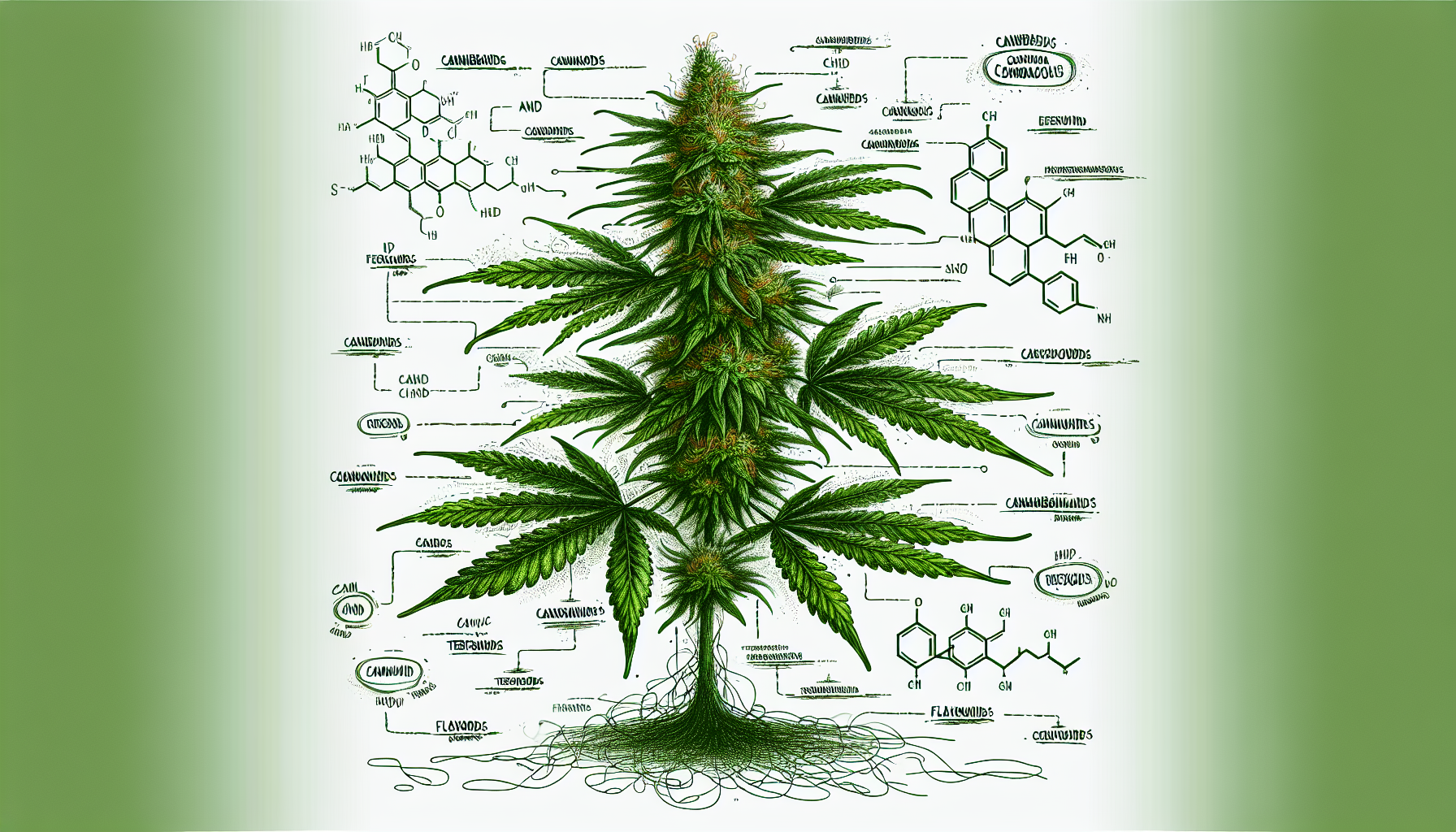 Illustration of cannabis plant with various compounds