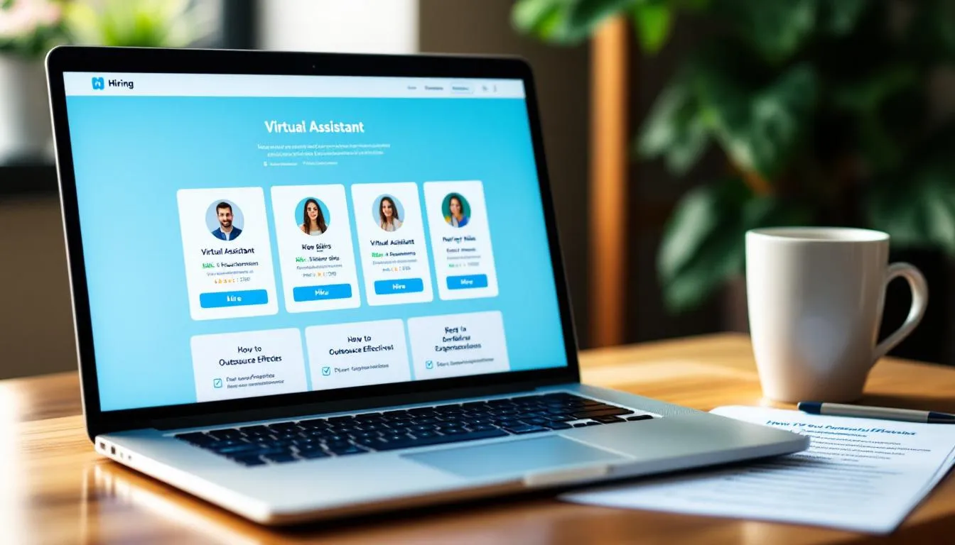 A laptop screen displays a hiring platform showcasing candidate profiles for "Virtual Assistant" positions, highlighting their skills, hourly rates, and "Hire" buttons. Beside the screen, a checklist titled "How to Outsource Effectively" emphasizes key steps for businesses looking to manage remote support efficiently.