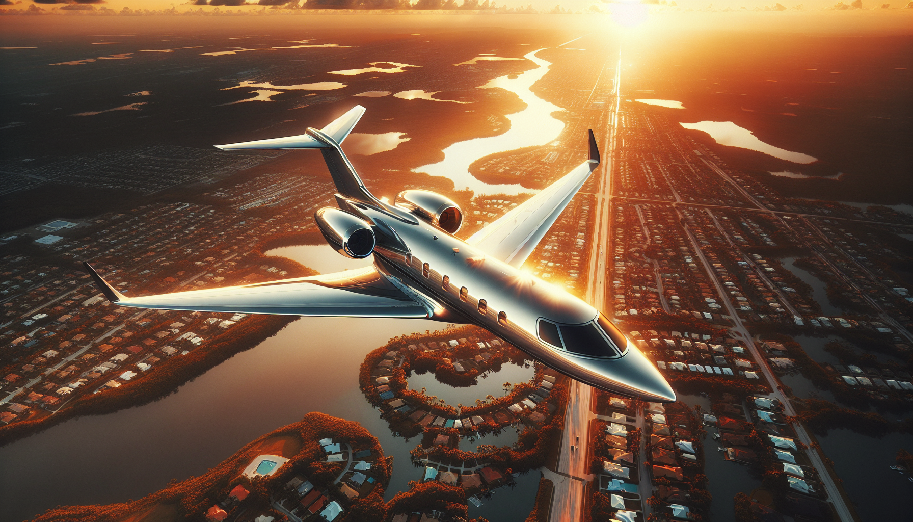 Luxurious private jet flying over Pembroke Pines Florida