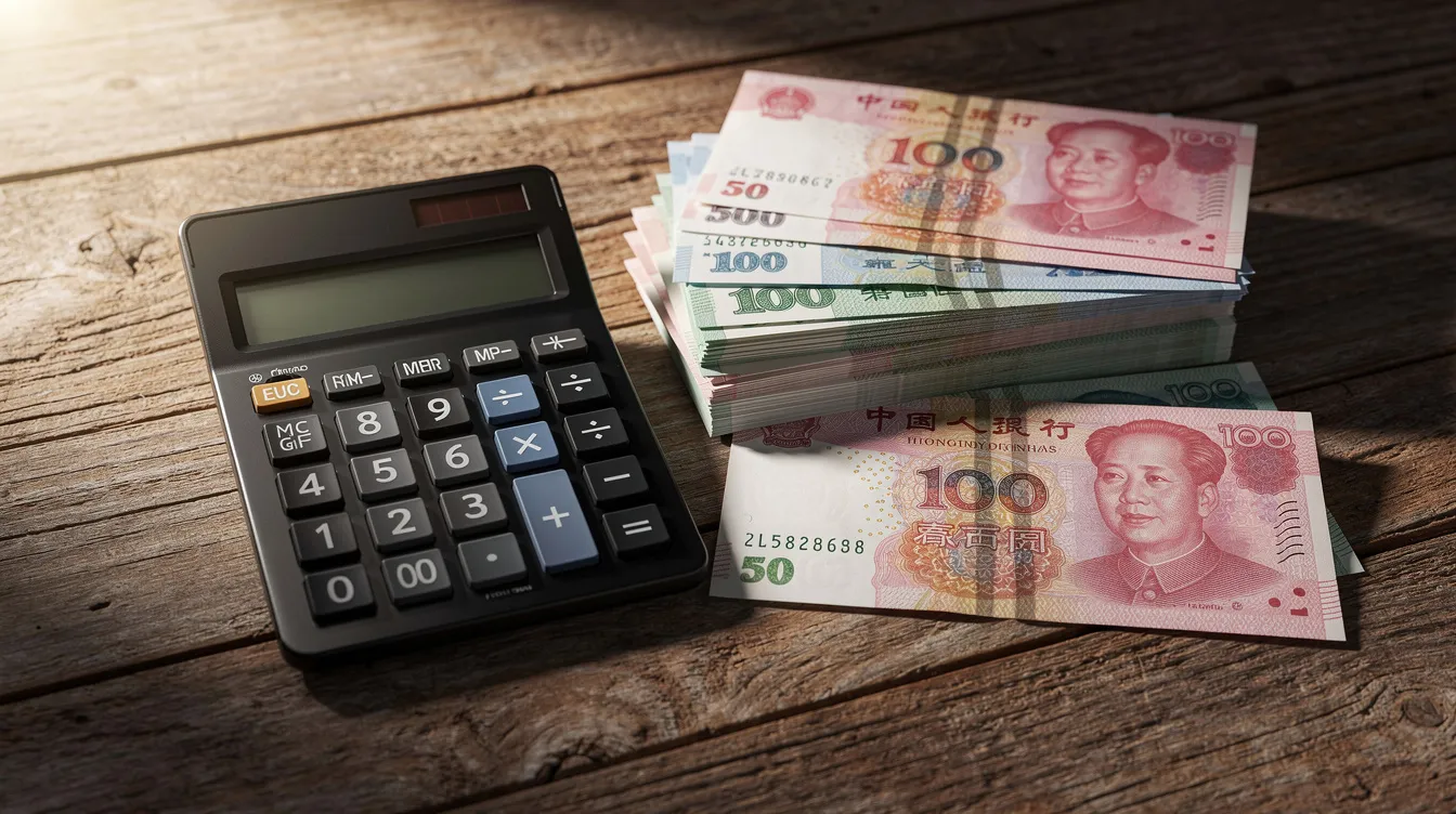 The image features a calculator placed beside a stack of Hong Kong dollar banknotes on a wooden table, suggesting a financial context possibly related to 公務員 職位 or budgeting for new recruits in 2026.