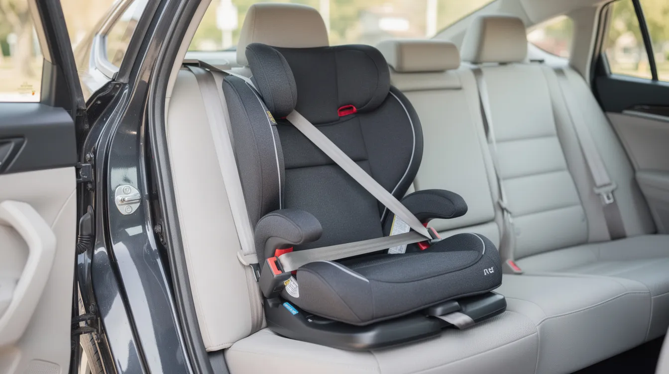 A child booster seat is securely installed in the back seat of a vehicle, ensuring the child's safety during travel. Proper use of booster seats is crucial in preventing injuries in car accidents, highlighting the importance of child safety in personal injury cases.