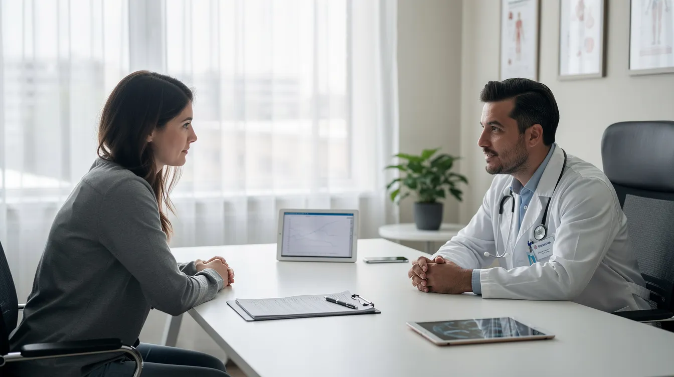 The image depicts a doctor and a patient engaged in a consultation at a bright medical office, discussing options for body lift surgery to address issues such as excess skin and sagging skin following significant weight loss. The professional setting emphasizes a focus on health and body contouring procedures tailored for bariatric surgery patients.