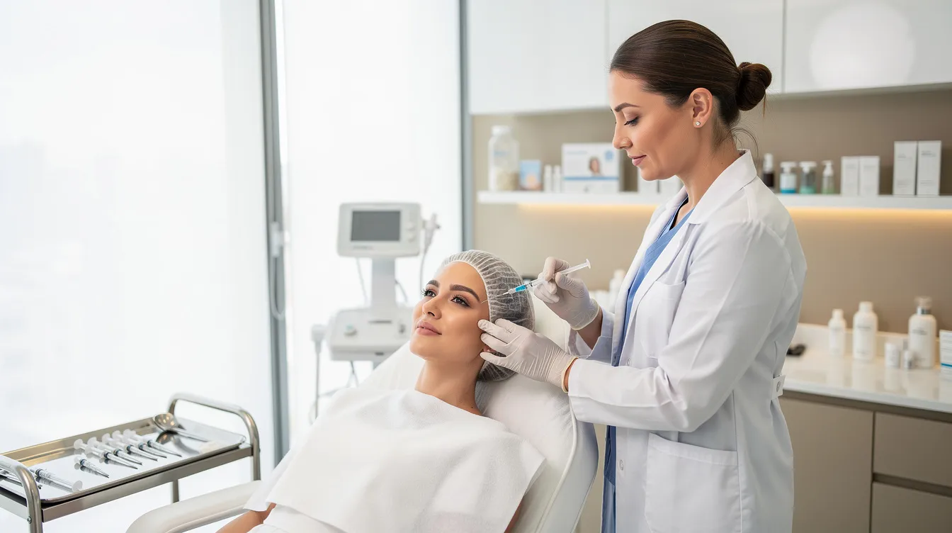 A medical professional is seen performing a facial rejuvenation treatment using dermal fillers in a bright, modern med spa. The procedure aims to enhance the client's natural beauty by restoring volume and smoothing wrinkles for a youthful appearance.