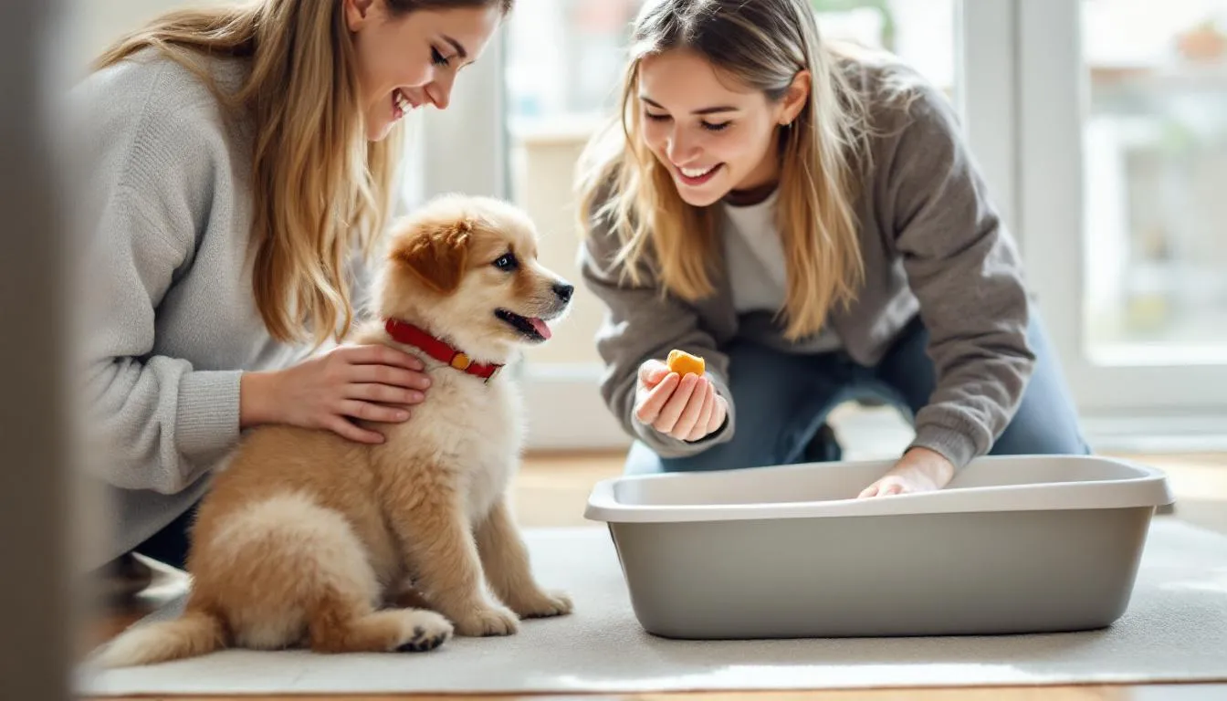 A dog owner is training a small puppy to use a dog litter box, employing positive reinforcement techniques. The scene captures the owner encouraging the pup, who is standing on a litter tray filled with biodegradable dog litter, as they work together on house training.