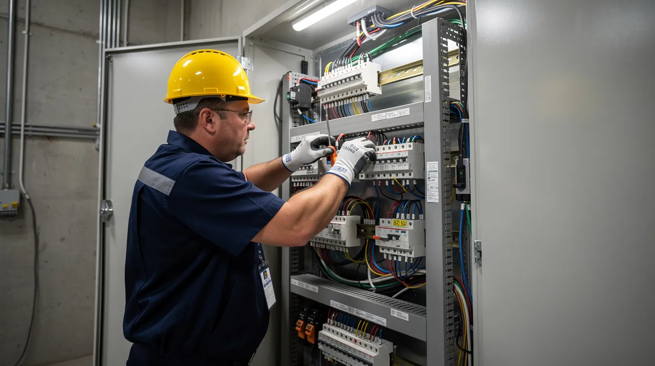 An electrician wearing safety gloves and a hard hat is focused on wiring inside a large commercial electrical panel, showcasing the essential skills required in the construction industry. This image highlights the importance of skilled workers in addressing labor shortages and fulfilling project demands effectively.