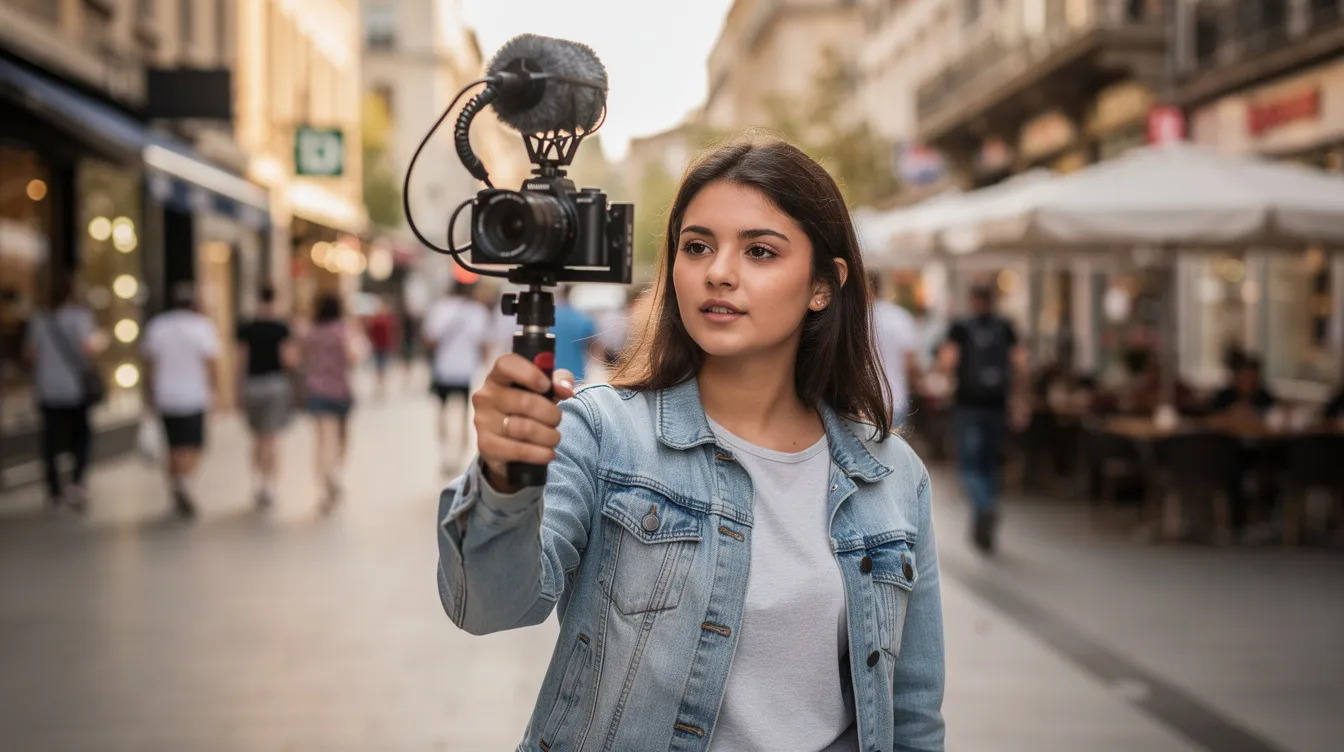 Ein Vlogger steht in einer belebten Fußgängerzone und filmt sich selbst mit einer kleinen Kamera, die auf einem Griff montiert ist. An der Kamera befindet sich ein kompaktes Mikrofon, das für eine optimale Audioqualität und klare Sprachaufnahme sorgt.