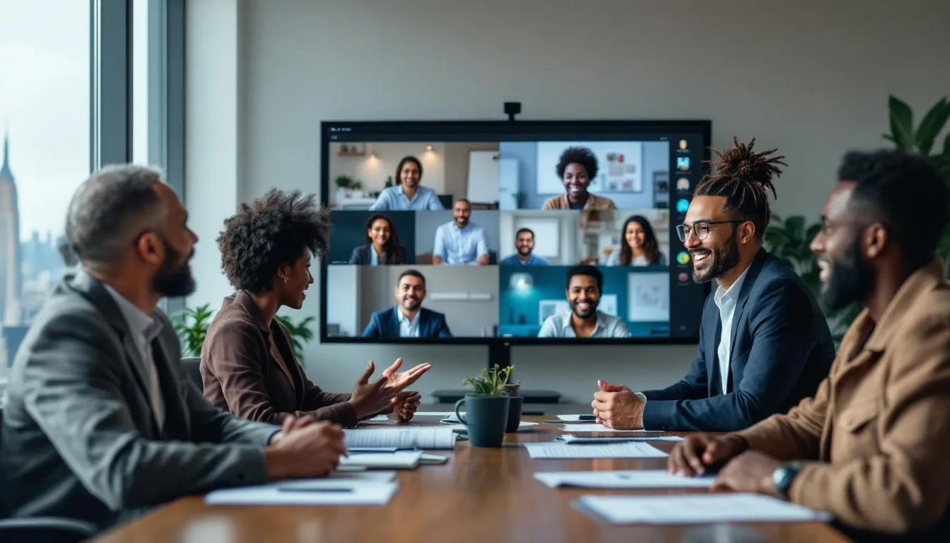 The image depicts a diverse group of individuals aged 30 to 60, representing various races including White, Black, Asian, Latino, Indian, and Middle Eastern, engaged in a professional training session or video conference. They are dressed in business casual attire, with the iconic Empire State Building and Chrysler Building visible in the background, highlighting an authentic moment of collaboration in schema therapy training programs.