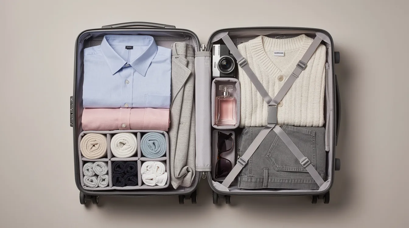 An open hard-shell suitcase reveals neatly organized compartments filled with clothes and cushioning items at the center, showcasing how to pack liquids securely for travel. The arrangement highlights the importance of adhering to TSA rules, especially for carry on luggage and transporting liquids in reasonable quantities.