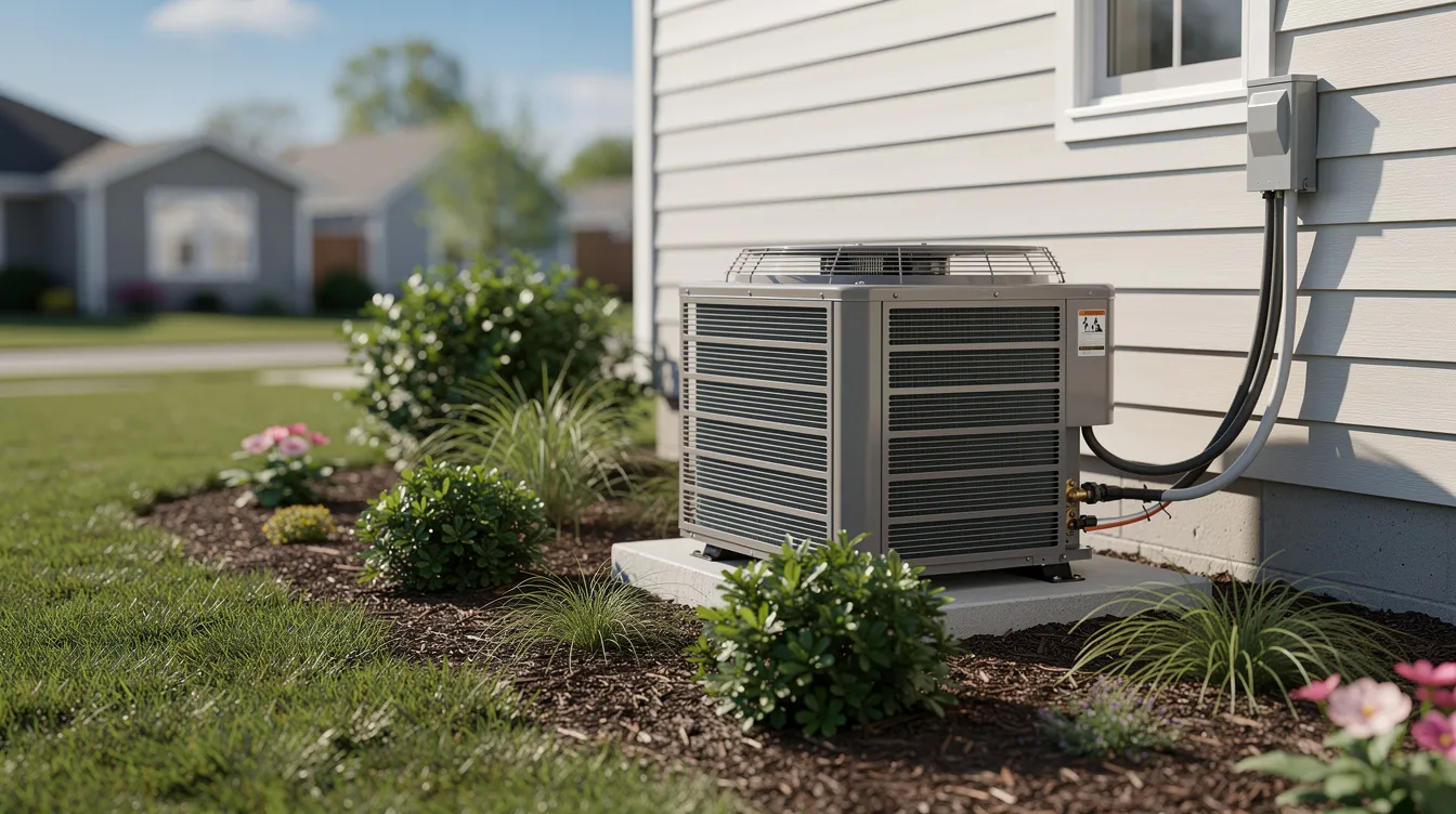 A modern outdoor AC condenser unit is installed beside a residential home, surrounded by well-maintained landscaping. This central air conditioning system is designed to provide efficient cooling and enhance the home's energy efficiency.