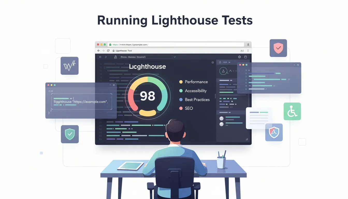 The image illustrates the process of running Lighthouse tests using Chrome DevTools, showcasing a user inputting a URL into the command line to generate a Lighthouse report. This report provides performance metrics and insights for web developers to analyze website performance and optimize their web pages for better SEO and accessibility.