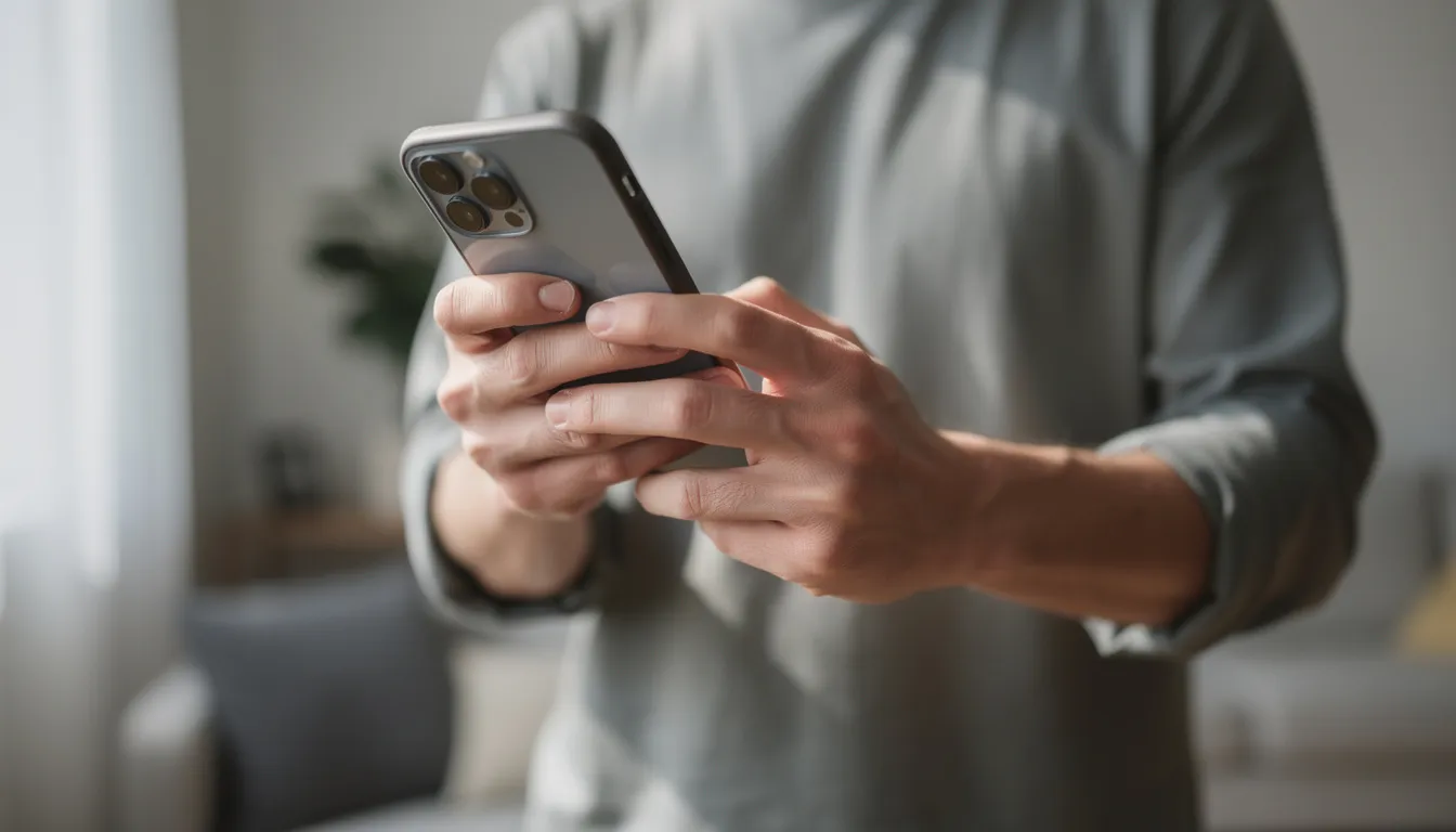 En person håller i en smartphone och scrollar genom en app som visar olika spel och erbjudanden, som bonusar och slots, hos casinocasino. Bakgrunden är suddig, vilket framhäver personens fokus på skärmen.