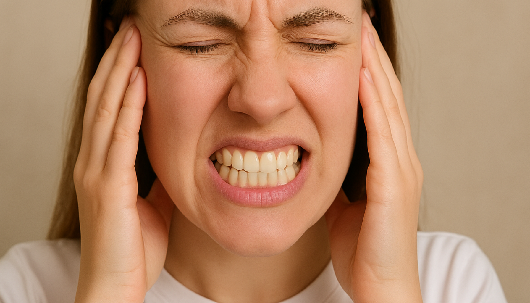 Tannpressing Symptomer: Når Du Ikke Vet At Du Gjør Det 20 Kvinne med sammenbitte tenner og smertefullt ansiktsuttrykk holder hodet med hendene, viser symptomer på tannpressing.
