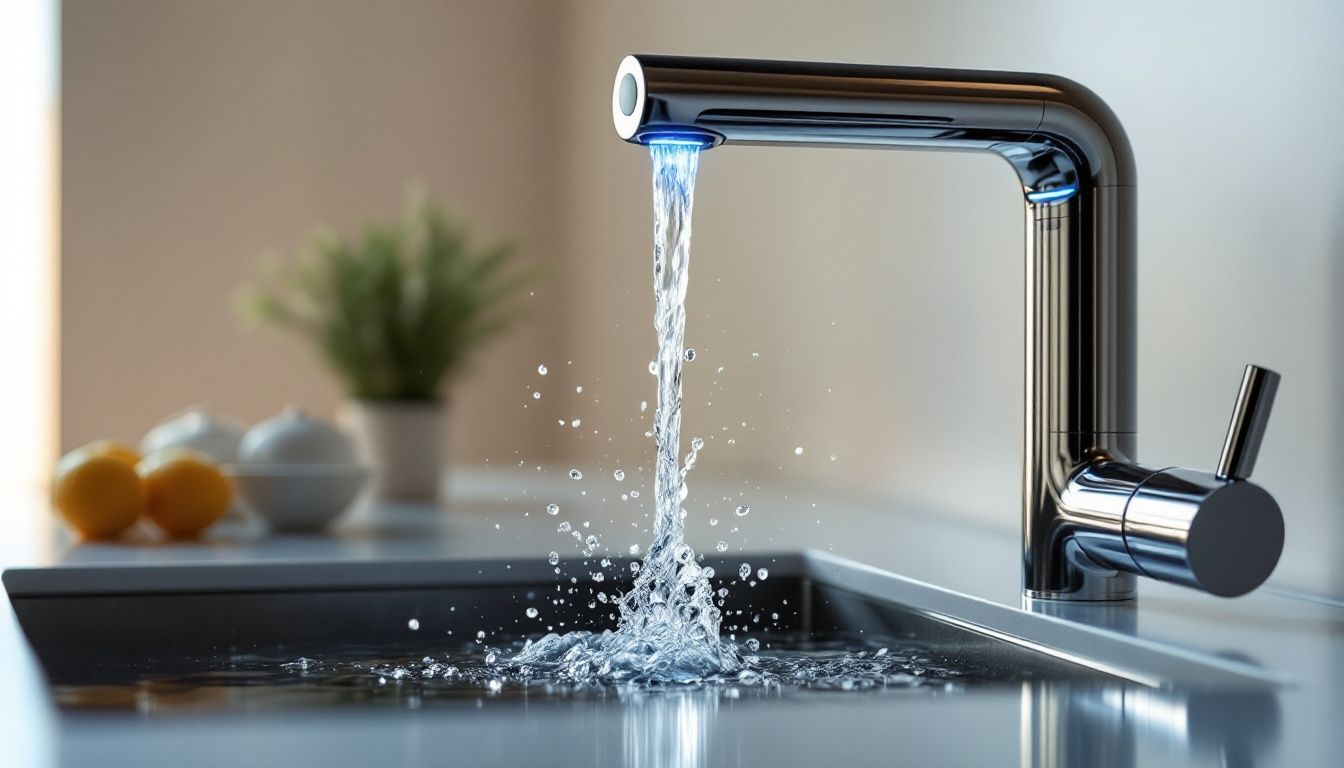 A close-up of crystal clear water flowing from a tap, symbolizing water quality.