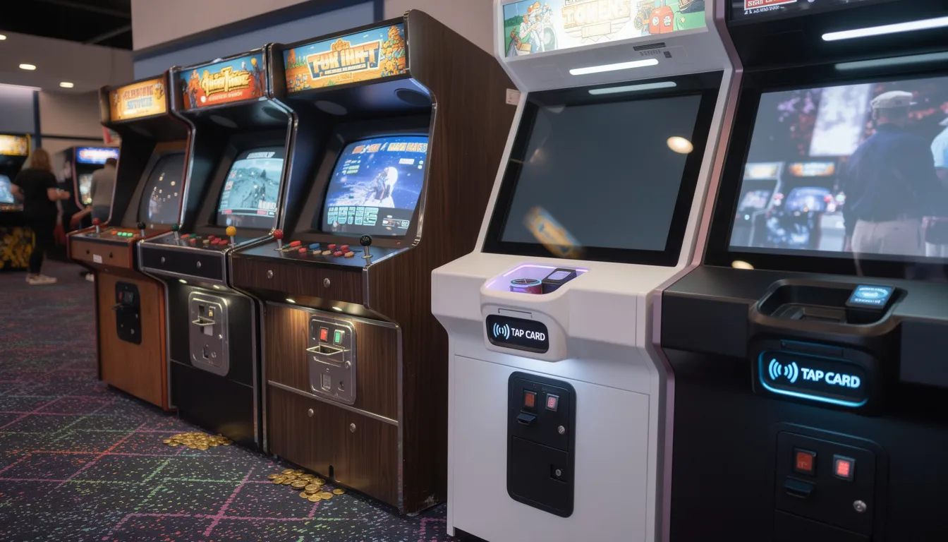 The image features a nostalgic collection of vintage arcade cabinets with token slots alongside modern arcade games equipped with card readers, showcasing a seamless integration of traditional and contemporary gaming experiences. This setup highlights the evolution of arcade games, offering various payment options, including tokens and RFID cards, enhancing the guest experience in entertainment venues.