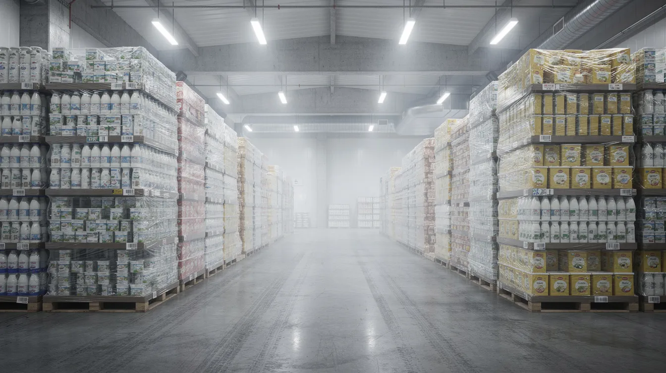 773e5918 ba06 444a 8544 f7e0f7f3114e The image depicts a large industrial warehouse filled with stacked containers of packaged dairy products, highlighting the ghee manufacturing process. This scene reflects the operational efficiency and scale of a ghee manufacturing plant, emphasizing the importance of dairy processing in meeting market demand.