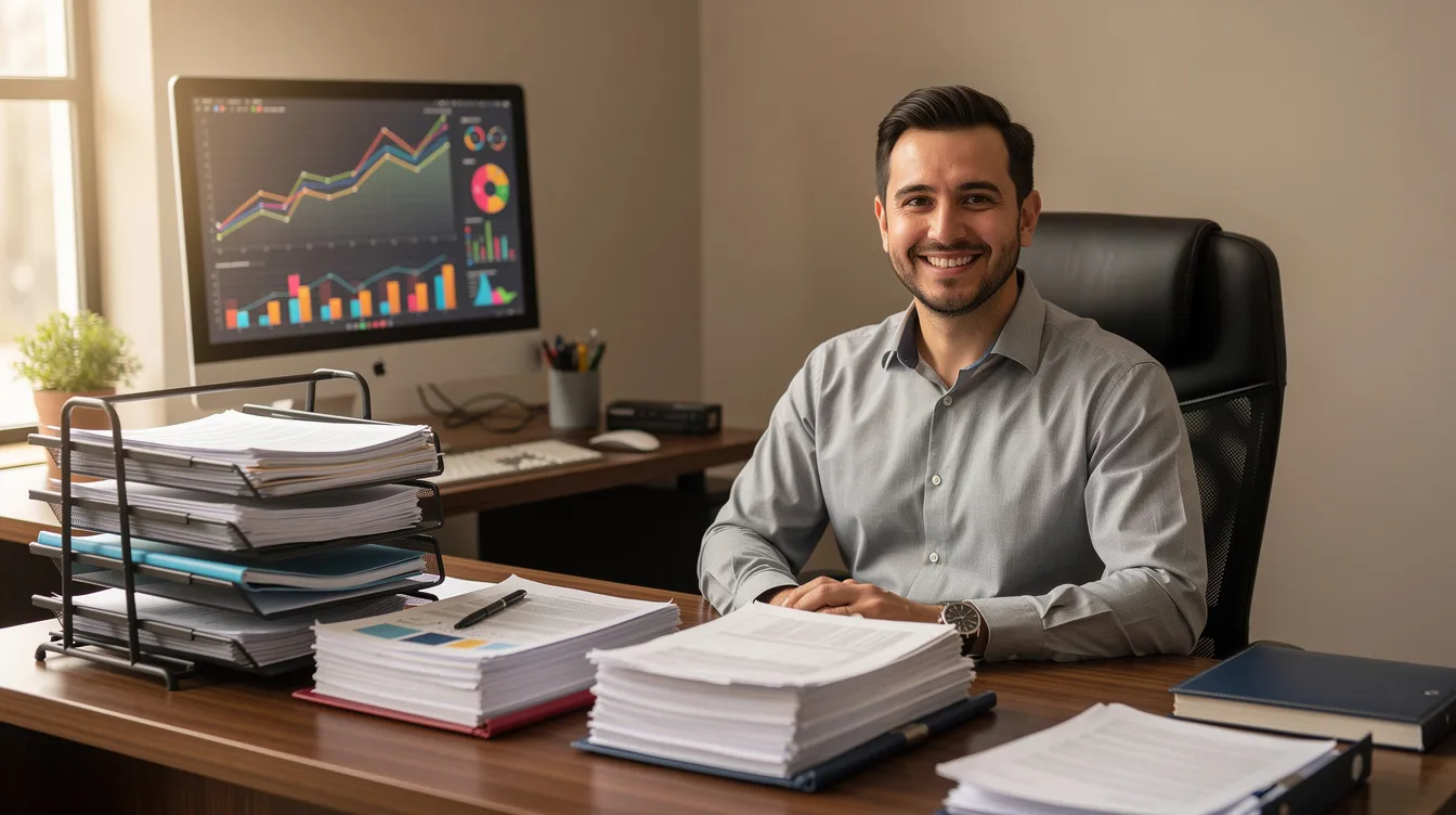 Small business owner smiling at a desk in front of revenue charts.