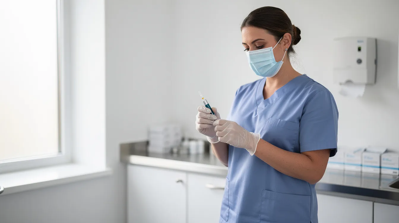 A clinician is seen preparing a small injection pen in a clean treatment room, ready to assist patients on their medical weight loss journey with weight loss injections. This setting reflects a professional environment focused on personalized weight loss plans and overall health management.