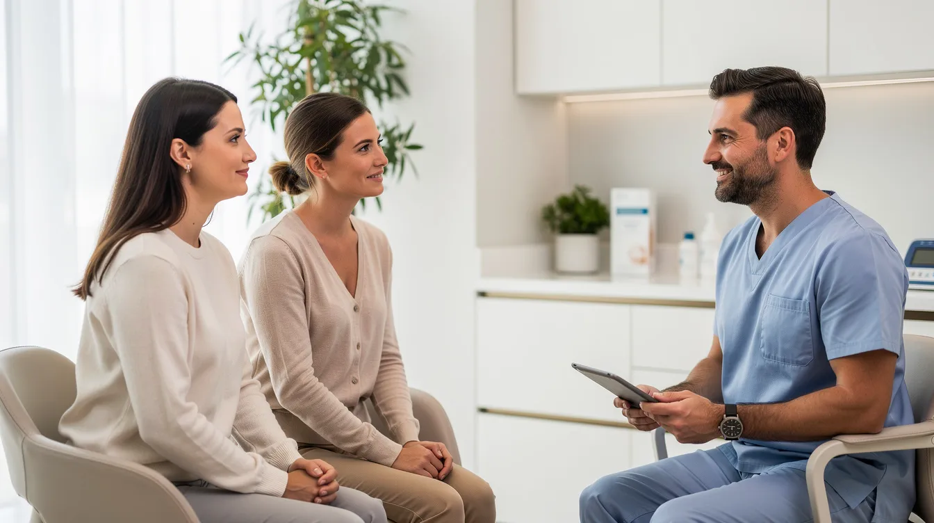 In a bright, modern medspa consultation room, a male and female patient sit across from a clinician discussing personalized treatment plans for non-surgical fat reduction. The atmosphere is welcoming as they explore options for body contouring and non-invasive fat removal techniques to target stubborn fat areas like the inner and outer thighs.