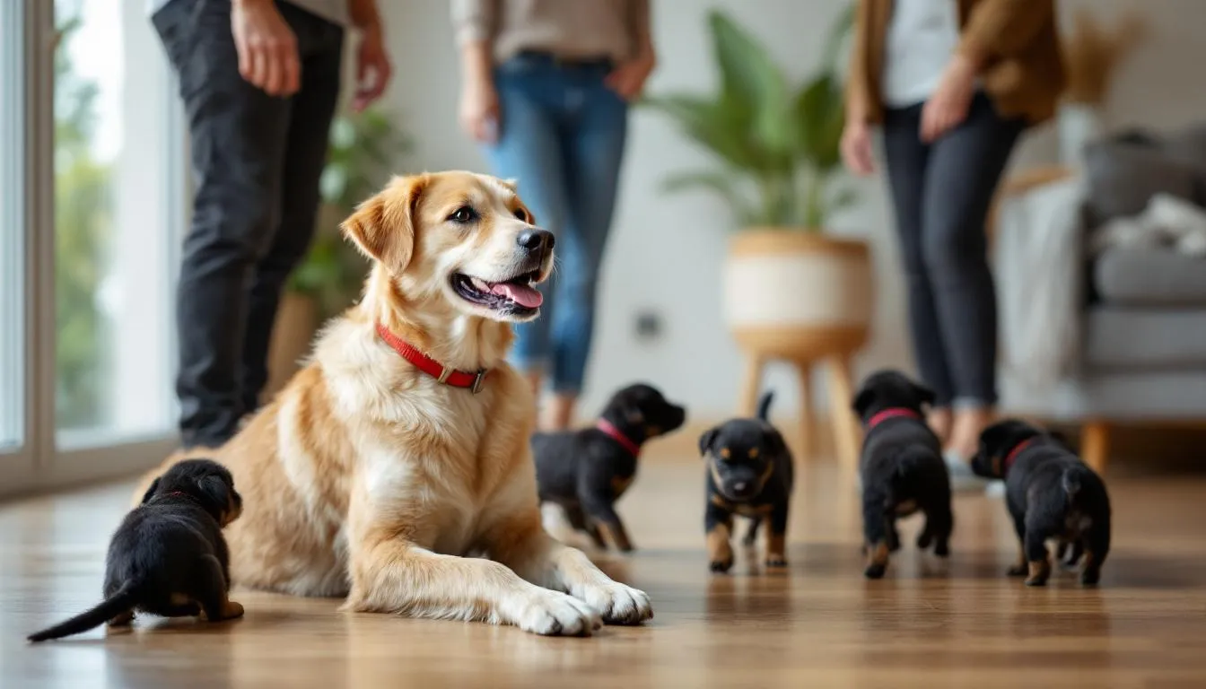 A mother dog is peacefully interacting with visitors in a clean home environment while her playful puppies explore nearby, showcasing the importance of proper socialization and responsible breeding practices. This scene highlights the nurturing atmosphere that reputable breeders provide for their dogs and puppies.
