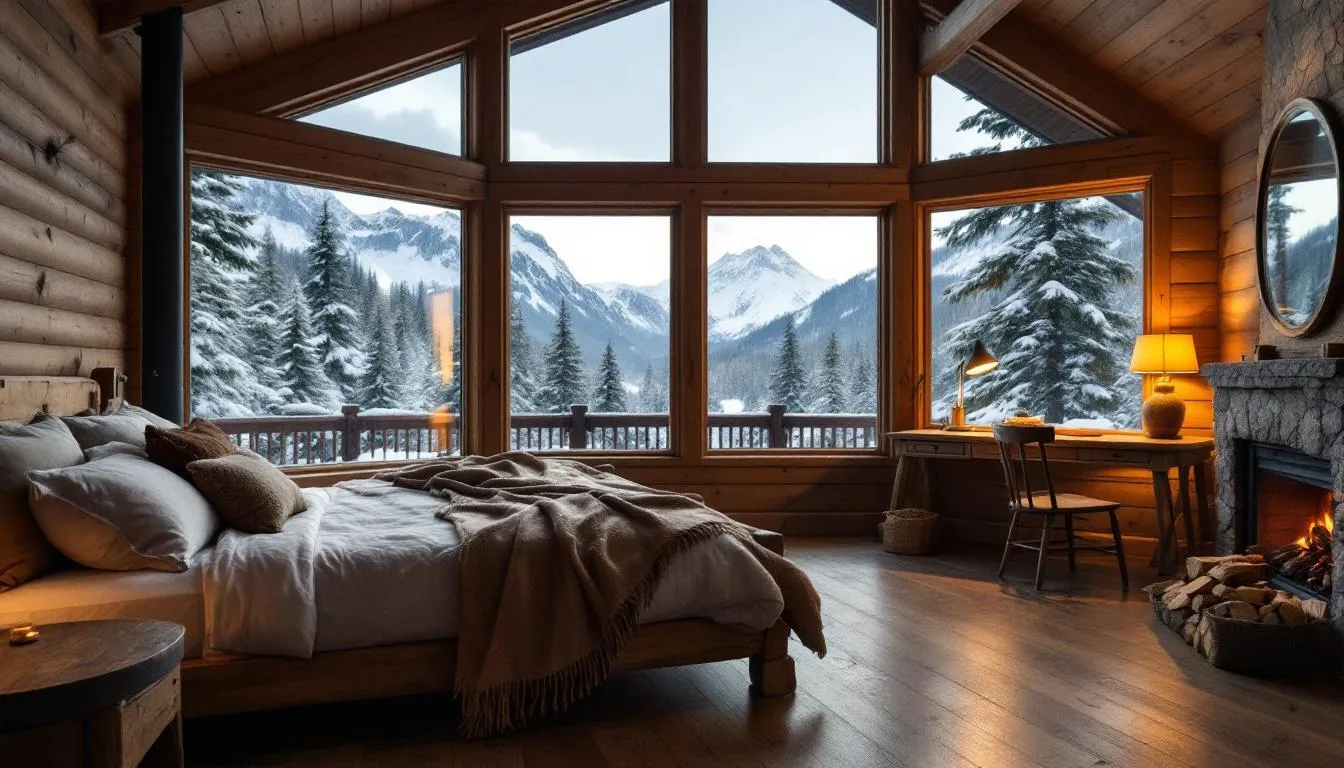 The image depicts a cozy mountain lodge bedroom featuring rustic furnishings, with large windows offering stunning views of the surrounding mountains. This inviting space is perfect for guests visiting Brian Head Resort, where they can enjoy skiing and the beautiful scenery of southern Utah.