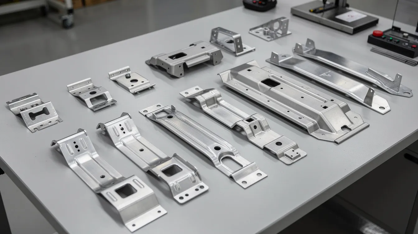 The image shows a variety of automotive stamped metal parts, including brackets and structural panels, arranged for inspection. These components are crucial in the manufacturing process of the automotive industry, showcasing the use of different types of dies and forming operations to achieve the desired shape from sheet metal.