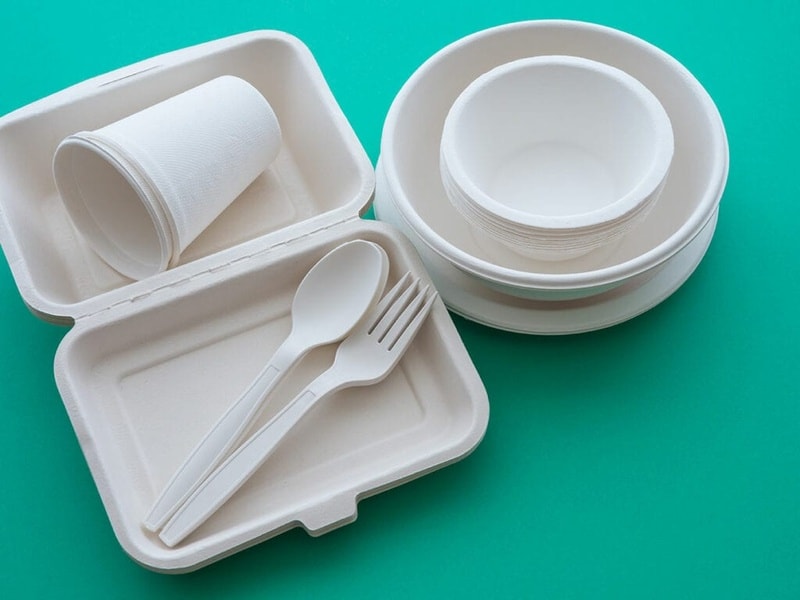 A set of white disposable biodegradable eating utensils including cups, bowls, a food container, a spoon, and a fork, placed on a green background.