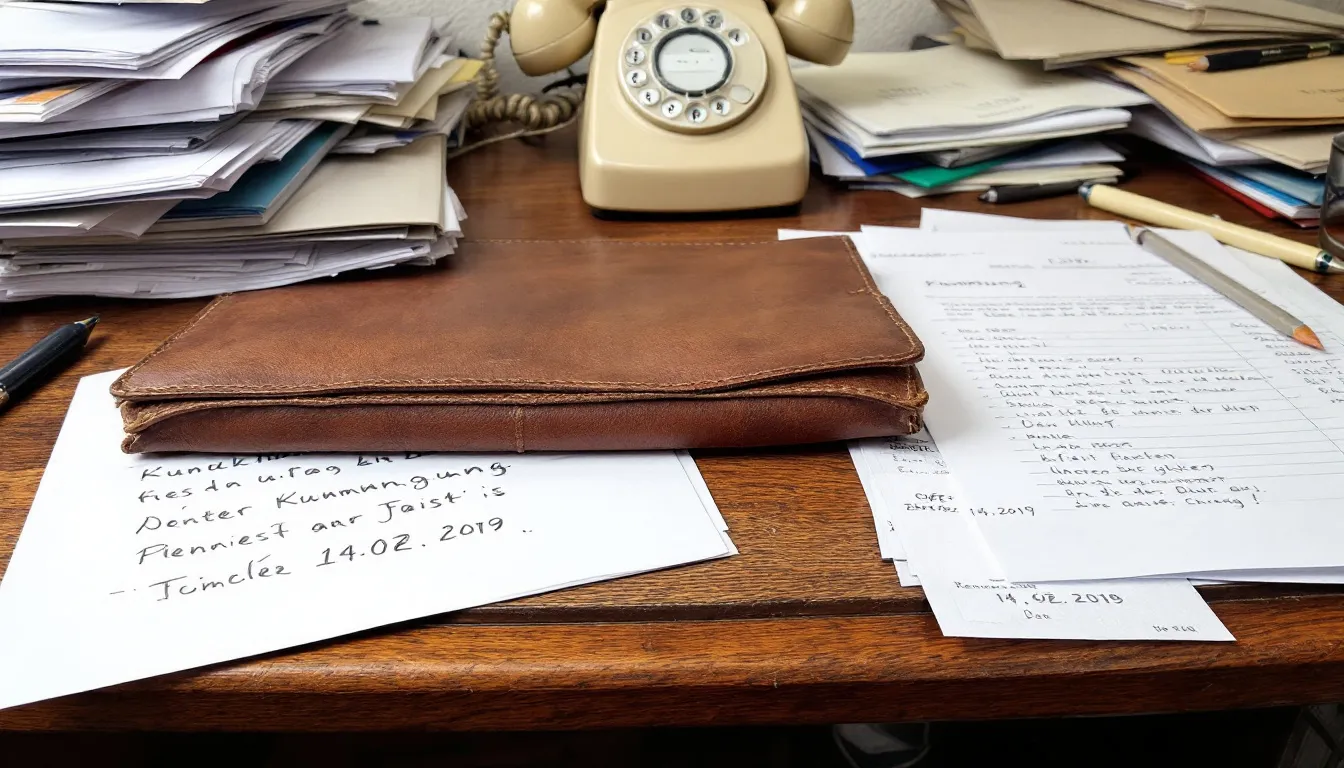 The image shows a cluttered desk covered with various paperwork, including documents related to a small claims case, such as a demand letter, court forms, and receipts. Among the papers, there are notes about filing fees and court dates, indicating preparation for a legal dispute over money owed, possibly involving a landlord and tenant.