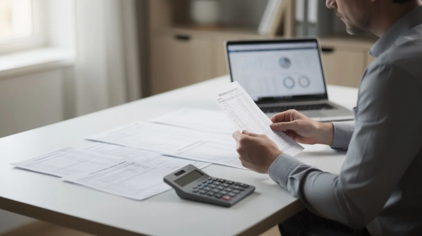 A person is seated at a desk, carefully reviewing financial documents and bank statements, with a calculator positioned nearby for calculations. The scene reflects a focus on managing personal finances and understanding one's financial situation, possibly involving 清 數 and other financial assessments.