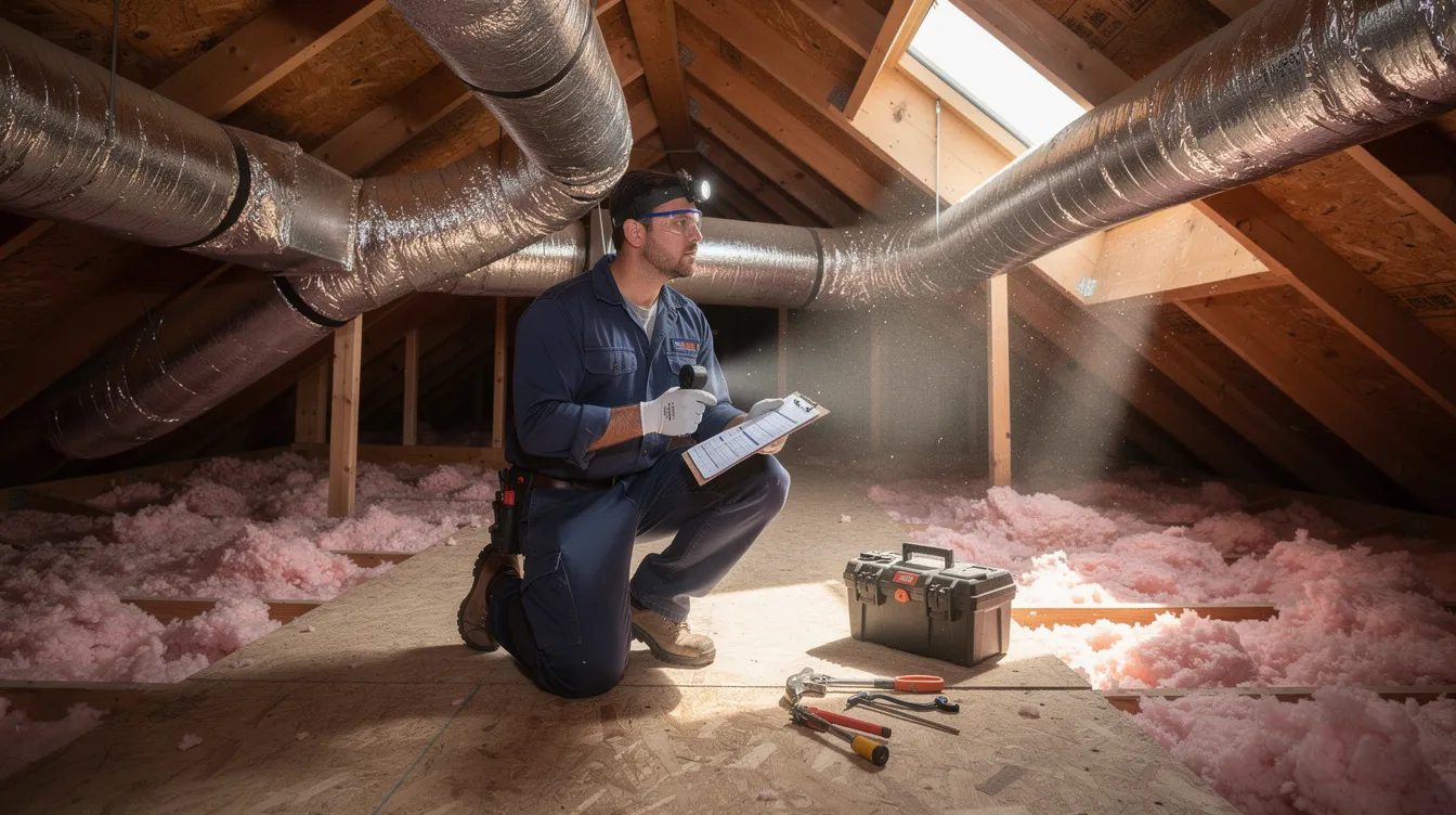 An HVAC technician is inspecting ductwork in a residential attic, ensuring proper air flow for the heat pump system. The technician checks for air leaks and assesses the installation process to optimize energy efficiency and cooling capacity for the home's square footage.