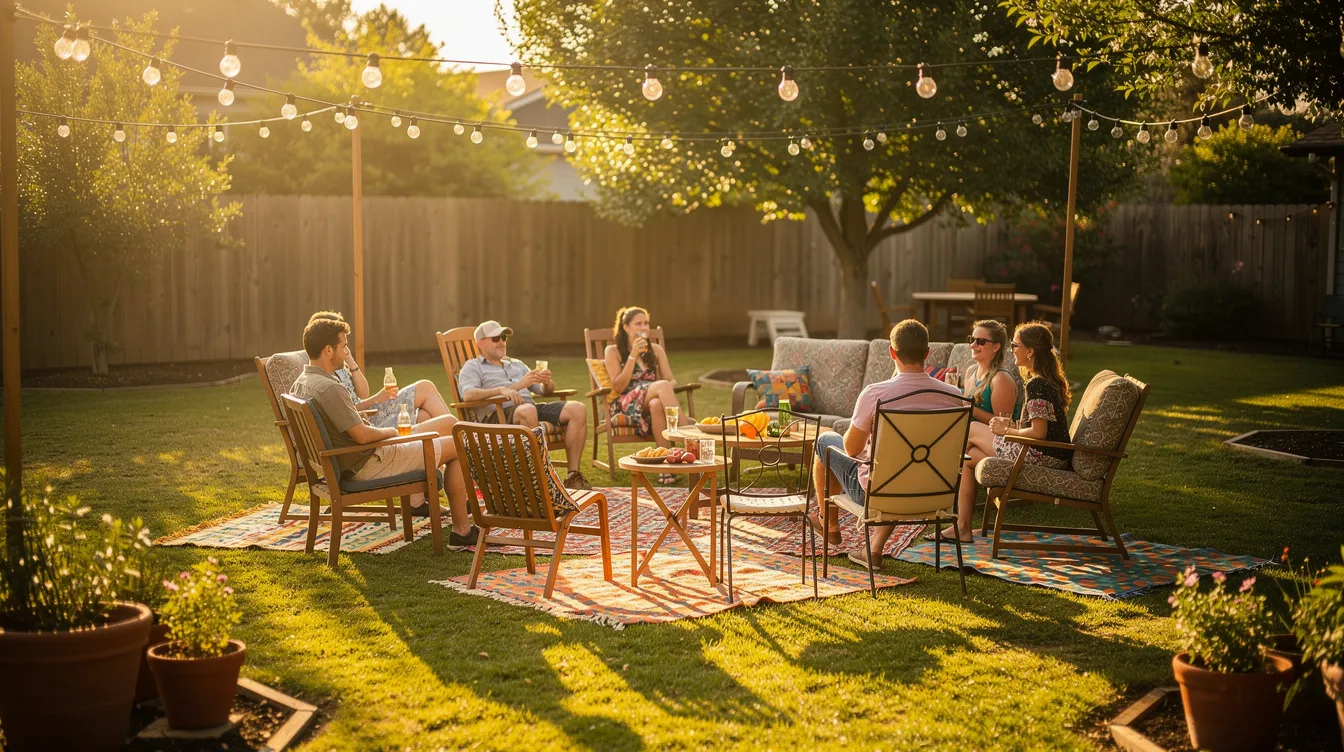The image depicts an outdoor backyard party during golden hour, featuring a cozy seating area with a mix of chairs and blankets arranged around a fire pit, illuminated by string lights overhead. Guests are comfortably gathered, enjoying drinks like iced tea and lemonade, while the warm ambiance creates a perfect setting for conversations and relaxation.