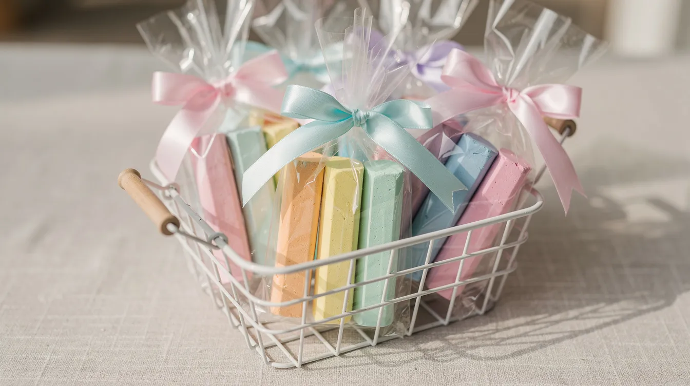 A close-up view of colorful sidewalk chalk party favors neatly arranged in clear cellophane bags, each tied with pastel ribbons, all placed in a small wire basket on a light tablecloth. The vibrant packaging suggests a fun and festive atmosphere, perfect for kids' chalk parties.