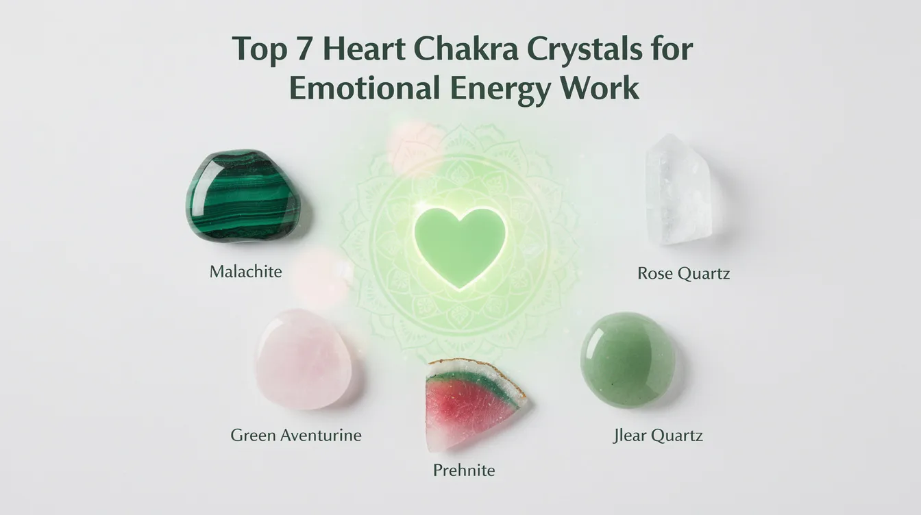 The image showcases the top seven heart chakra crystals, including rose quartz and green aventurine, arranged aesthetically to highlight their vibrant colors and unique shapes. These heart chakra stones are known for promoting emotional healing, balancing emotional energy, and fostering compassion and empathy.