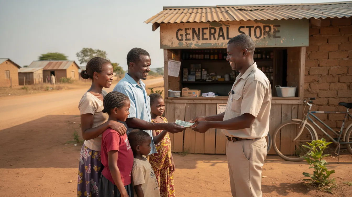 A family stands outside a small storefront in a rural setting, happily receiving cash from a local agent, illustrating the ease of money transfer in their community. This scene highlights the convenience of services like Ace Money Transfer and Tap Tap Send, which allow families to send money abroad with competitive exchange rates and low fees.