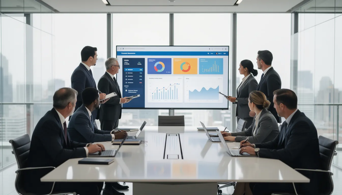 The image shows a group of attorneys in a modern office environment, intently reviewing website analytics displayed on a large screen. They are discussing strategies related to search engine optimization and digital marketing services to enhance their law firm's online visibility and attract potential clients.