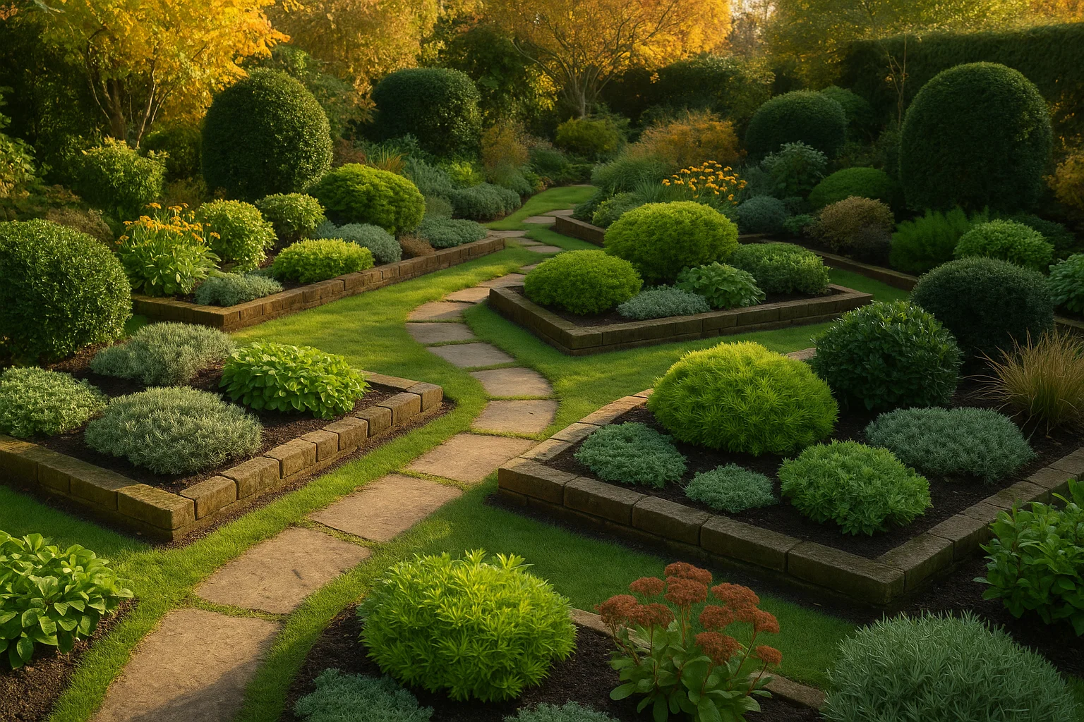 Low-maintenance UK garden with raised beds and evergreen planting.