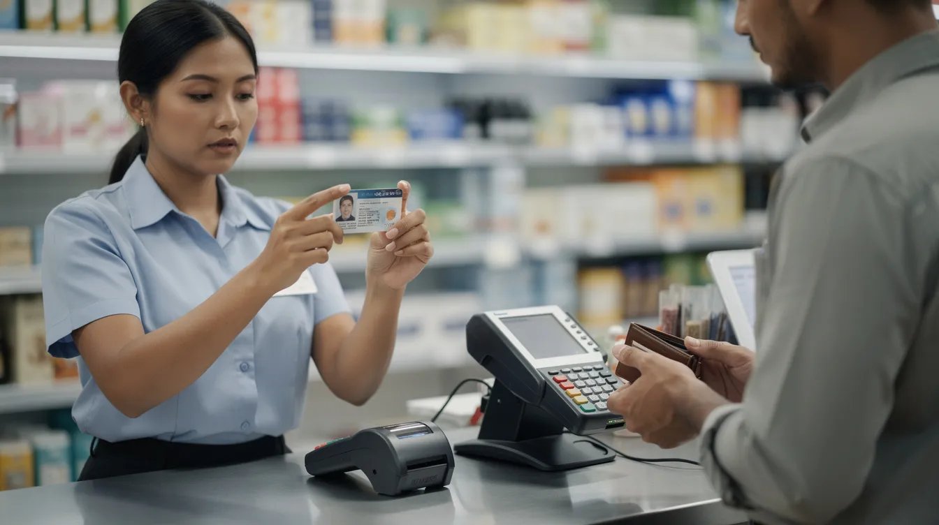 A retail clerk is checking a customer's identification card at a store counter, ensuring compliance with age restrictions for the purchase of hemp derived products, including delta 8 THC items. The scene highlights the importance of verifying legal status in line with Louisiana law regarding consumable hemp products.